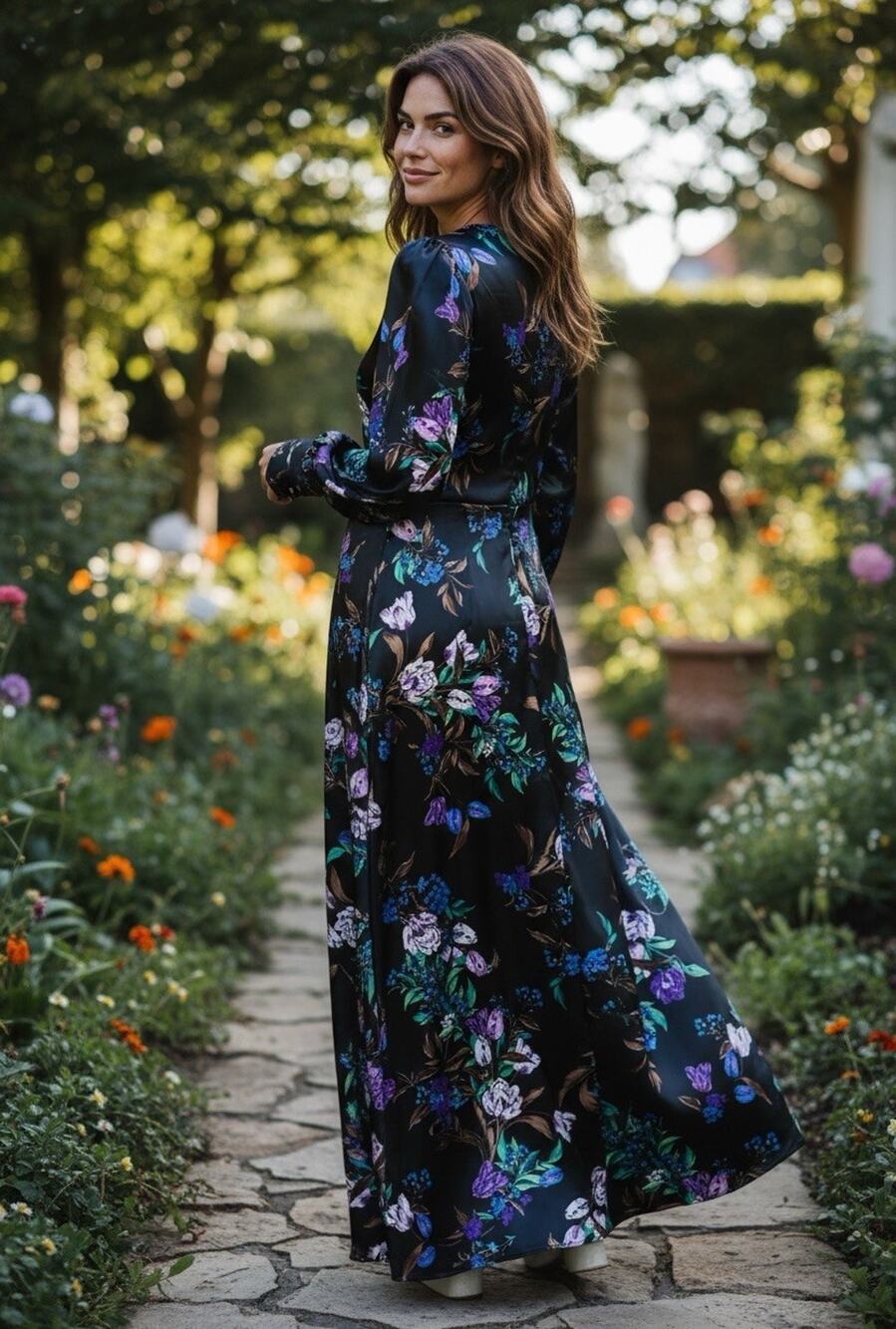 AFRM Vesta Noir Bouquet Floral Satin Faux Wrap Maxi Dress Size L